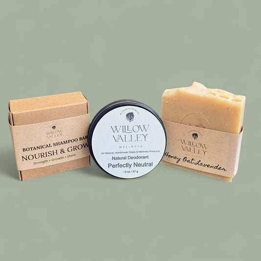 Essential Wellness Bundle with shampoo bar, soap bar & deodorant for simple, natural, eco-conscious self-care.
