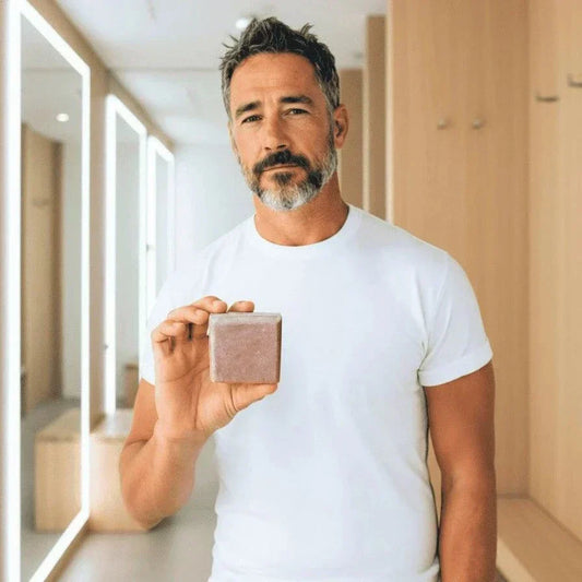 Male model holding Balance & Renew shampoo bar made with sweet fern and jojoba oil for gentle, everyday hair care