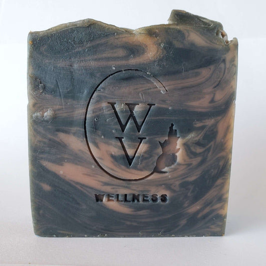 Charcoal Rose soap bar with black and pink swirls and Willow Valley Wellness logo