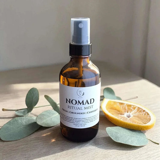 Nomad Ritual Mist warm woody linen spray for home, travel moments, workspaces, and everyday room rituals.