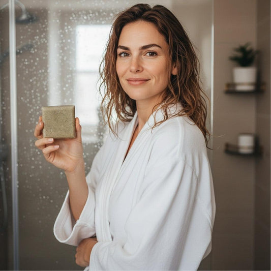Nourishing botanical shampoo bar for thin or brittle hair, made with plant butters and oils for a soft, smooth feel.