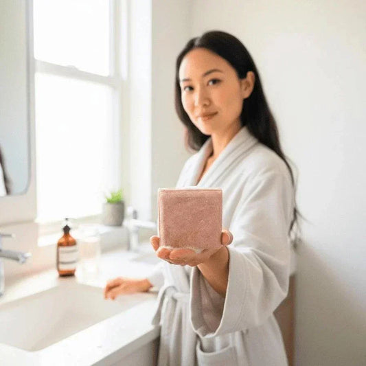 Person holding Soothe & Purify shampoo bar for oily hair and plastic-free hair care.