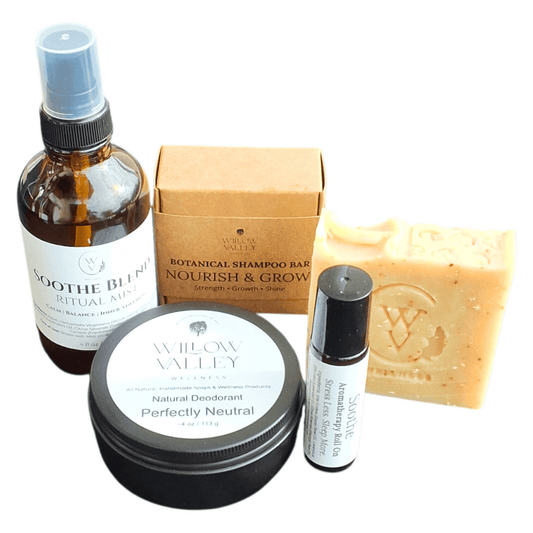 Handcrafted Ontario skincare gift bundles featuring soaps, deodorant, and wellness items.