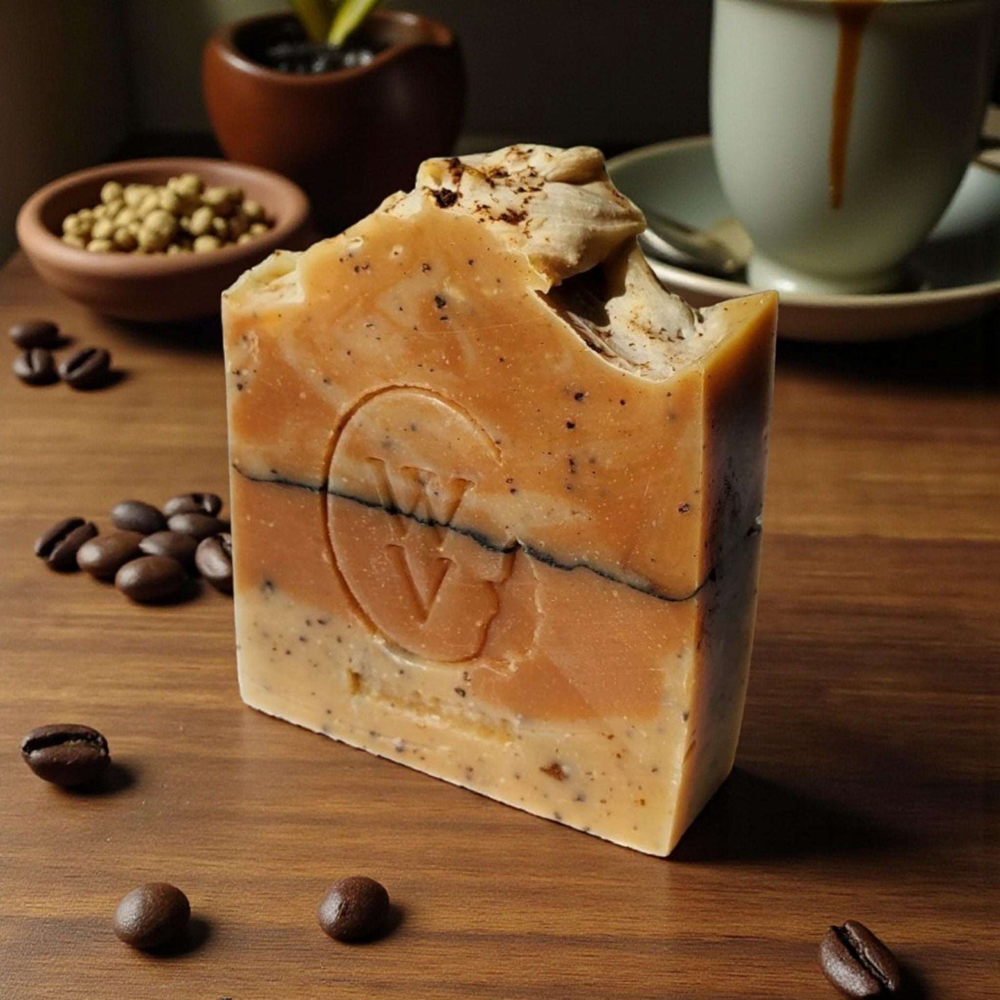 Coffee scrub natural soap bar with exfoliating coffee grounds, rich lather, and handcrafted rustic design.