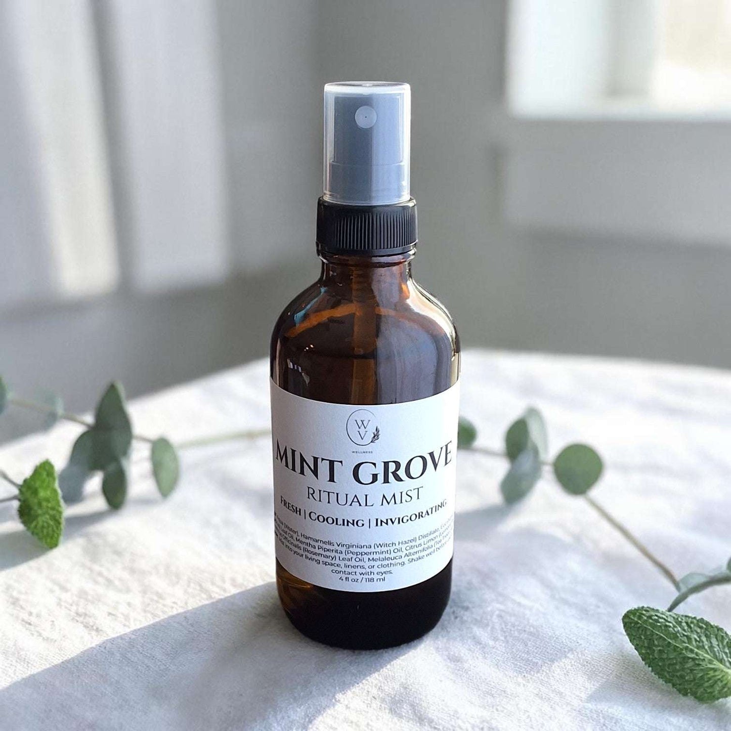 Mint Grove Ritual Mist cooling room spray for home, linens, workspace, and post-workout spaces.