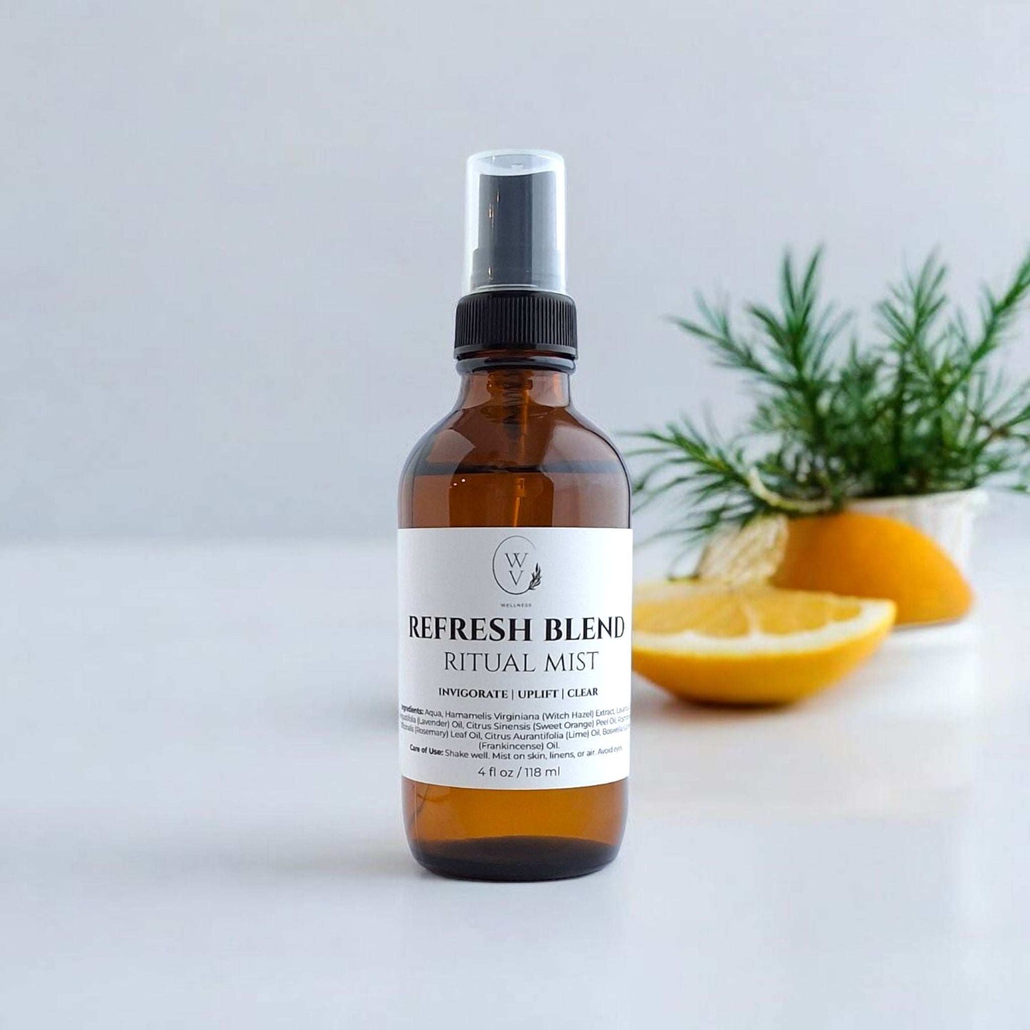 Refresh Ritual Mist herbal citrus essential oil room spray for home, linens, and everyday rituals.