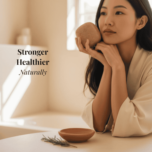 Woman holding Nourish & Grow Botanical Shampoo Bar for natural hair care and growth in eco-friendly plastic-free packaging