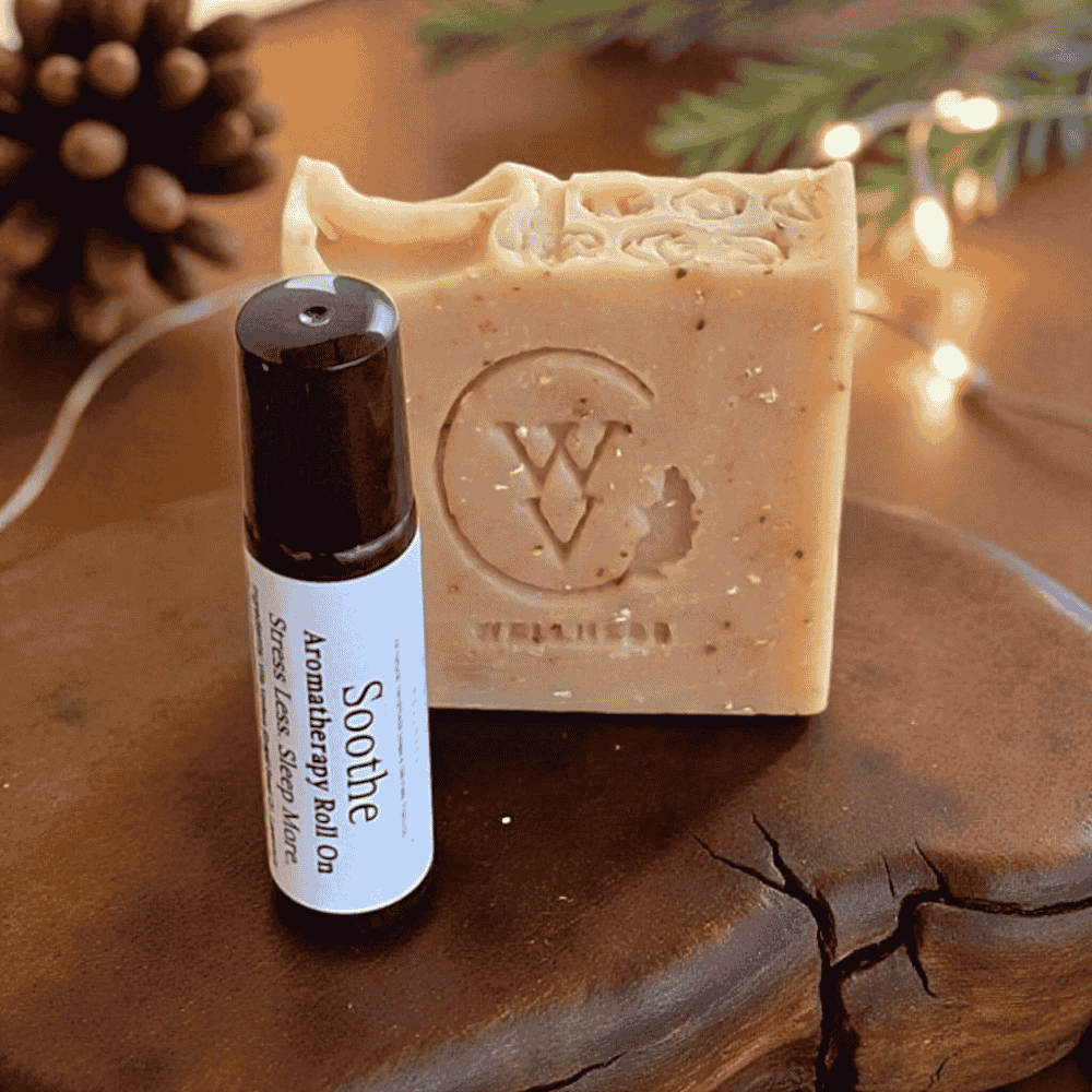 Simple Joy gift set featuring lavender soap and aromatherapy roll-on in burlap bag.