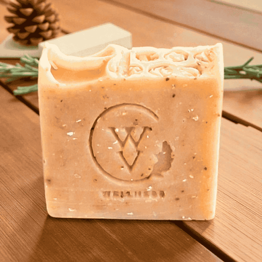 Natural self-care gift set with Honey Oat Lavender soap in burlap bag and kraft tag.