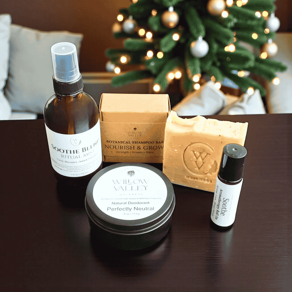 Handcrafted Ontario skincare gift bundles featuring soaps, deodorant, and wellness items.