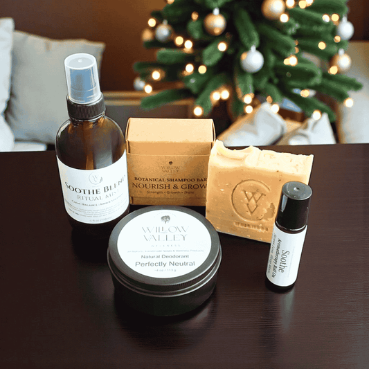 Handcrafted Ontario skincare gift bundles featuring soaps, deodorant, and wellness items.