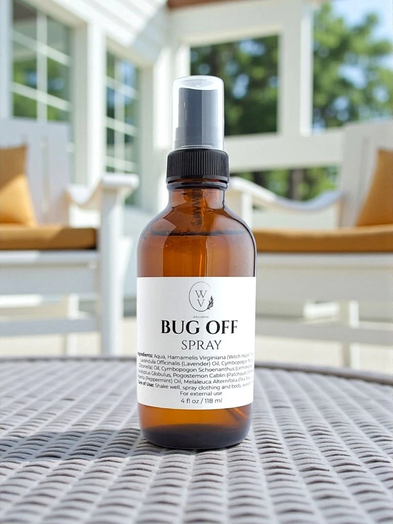 Bug Off Spray essential oil outdoor comfort mist featured for cottage trips, camping, patios, and warm-weather evenings outside.