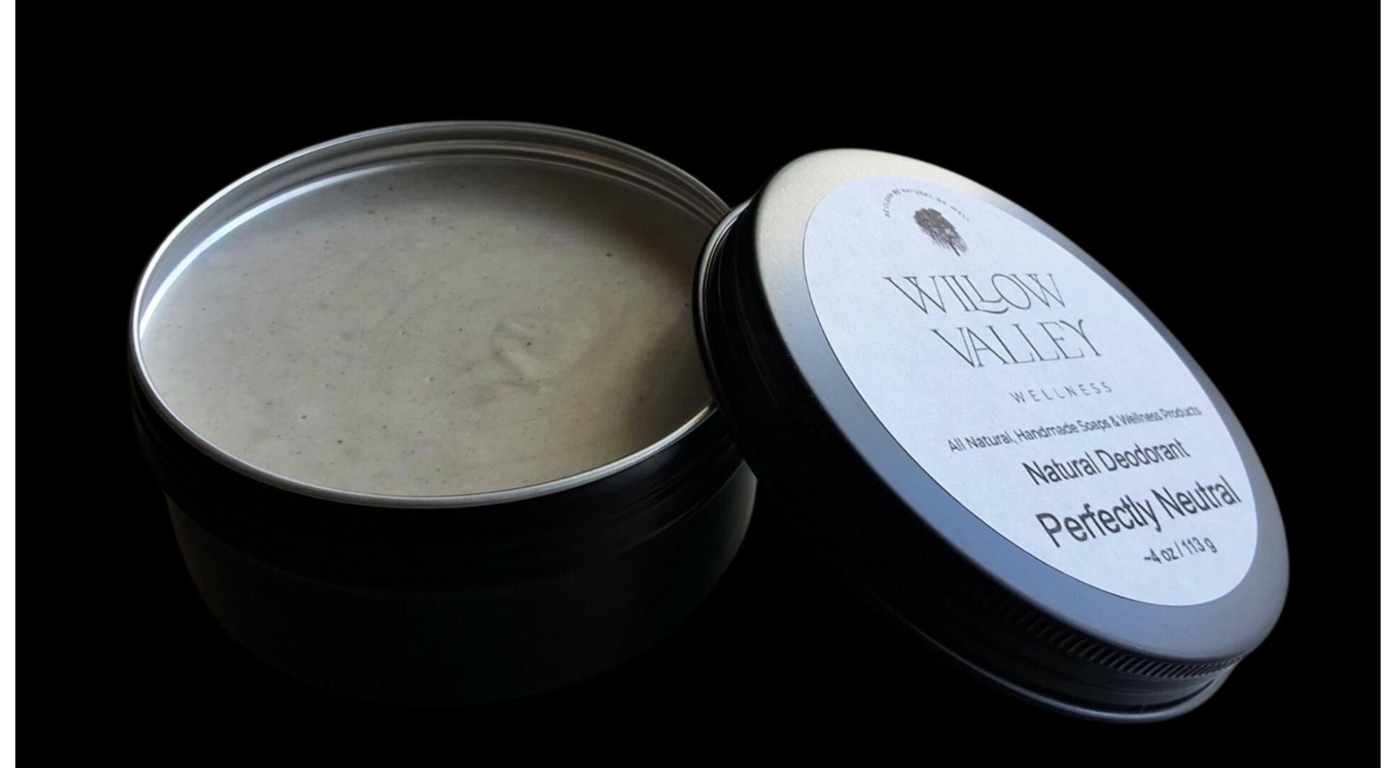 Open tin of Willow Valley Wellness natural deodorant paste showing smooth, wax-free formula
