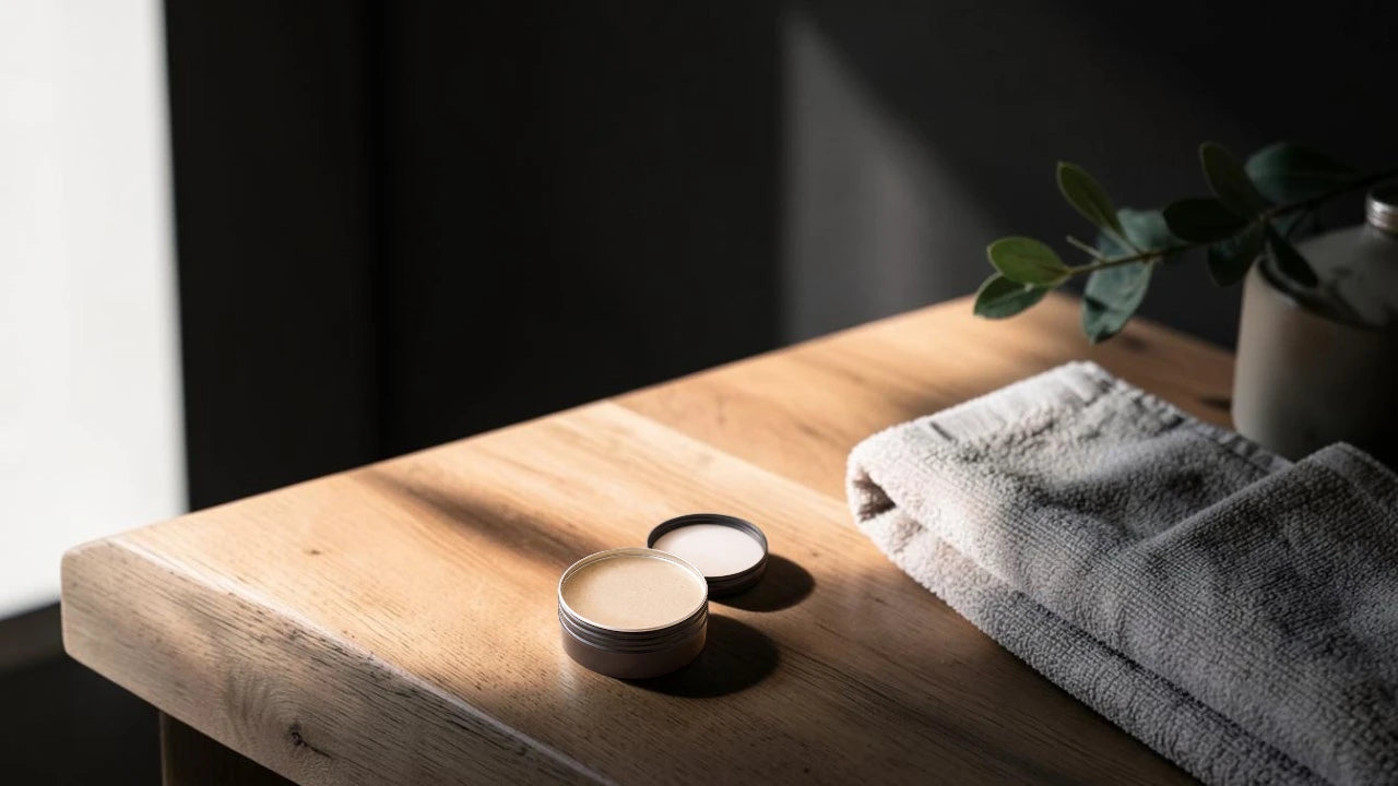Open tin of Willow Valley Wellness aluminum-free natural deodorant on a bathroom counter in a premium wellness setting, Made in Canada