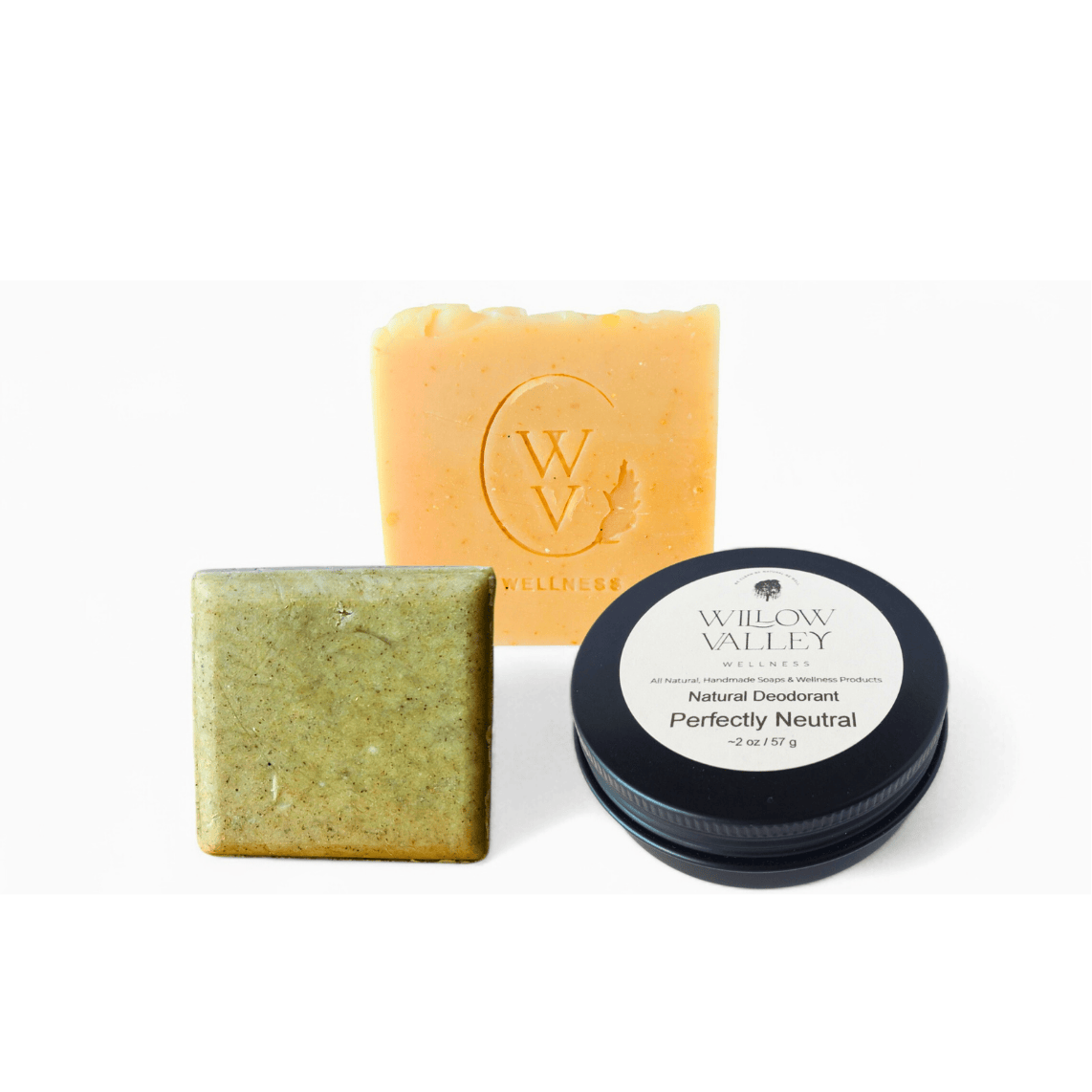 Morning Ritual gift set featuring handcrafted soap, shampoo bar, and deodorant.