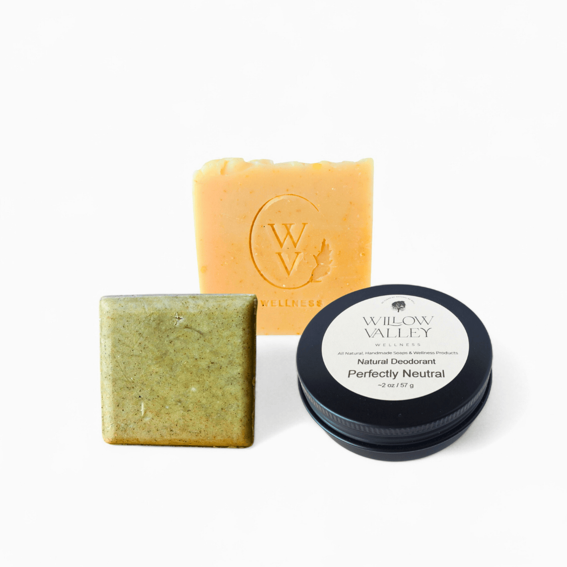 Essential Wellness Bundle with shampoo bar, soap bar & deodorant for simple, natural, eco-conscious self-care.