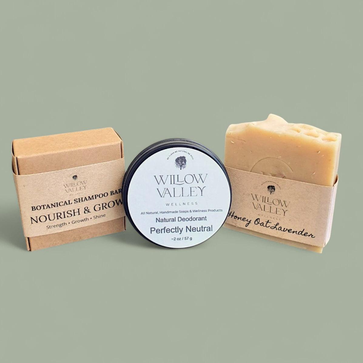 Essential Wellness Bundle with natural shampoo bar, soap bar and aluminum-free deodorant