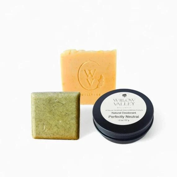 Essential Wellness Bundle with shampoo bar, soap bar & deodorant for simple, natural, eco-conscious self-care.