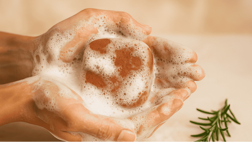 Hands lathering a reddish botanical shampoo bar with rich, creamy suds and rosemary on a soft neutral background