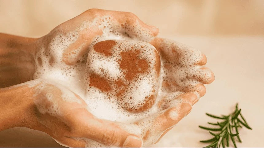 Natural shampoo bar being lathered in hands with rich, creamy suds and rosemary on a soft neutral background