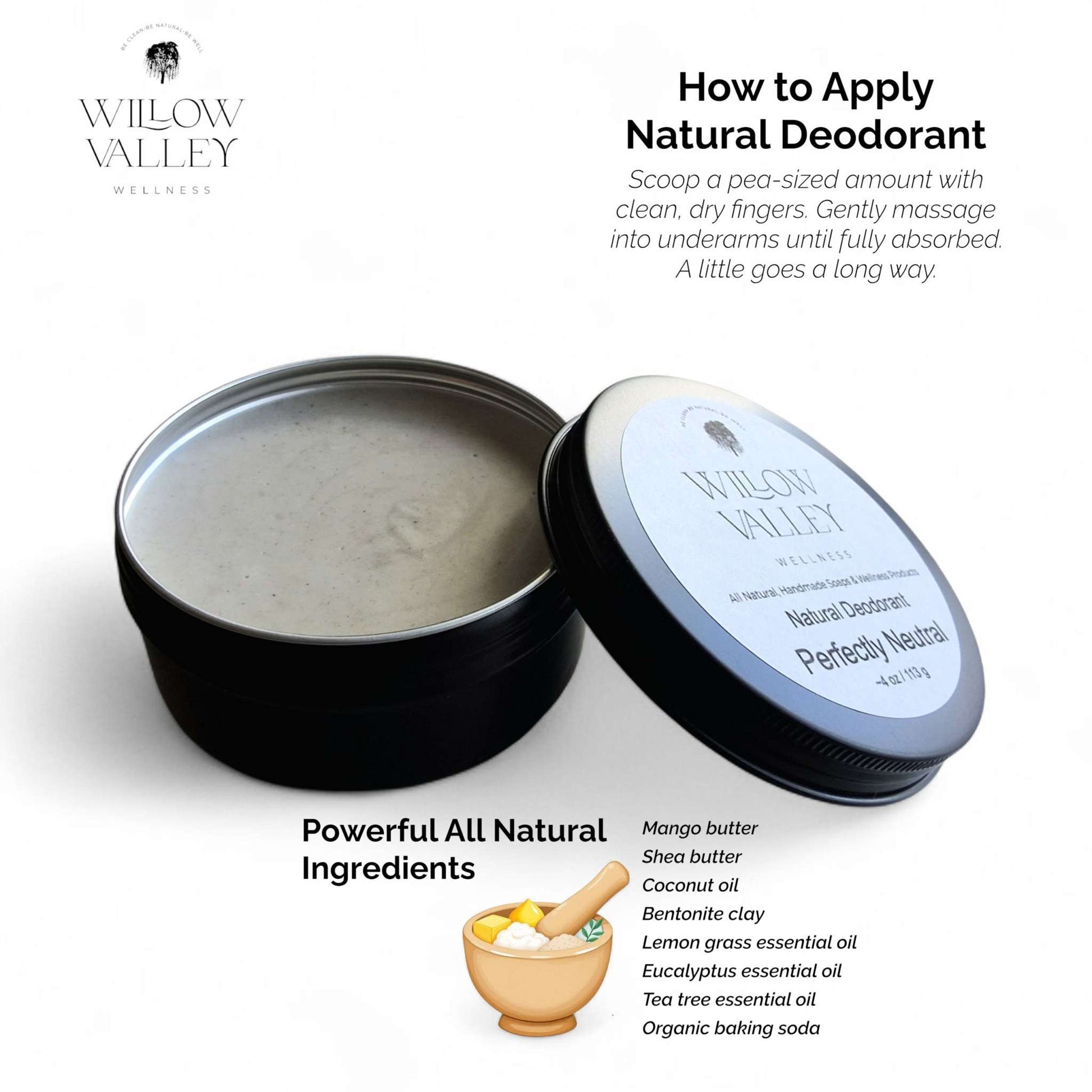 Perfectly Neutral Natural Deodorant in tin with nourishing mango butter, shea butter, coconut oil, bentonite clay, and essential oils for gentle all-natural odor protection