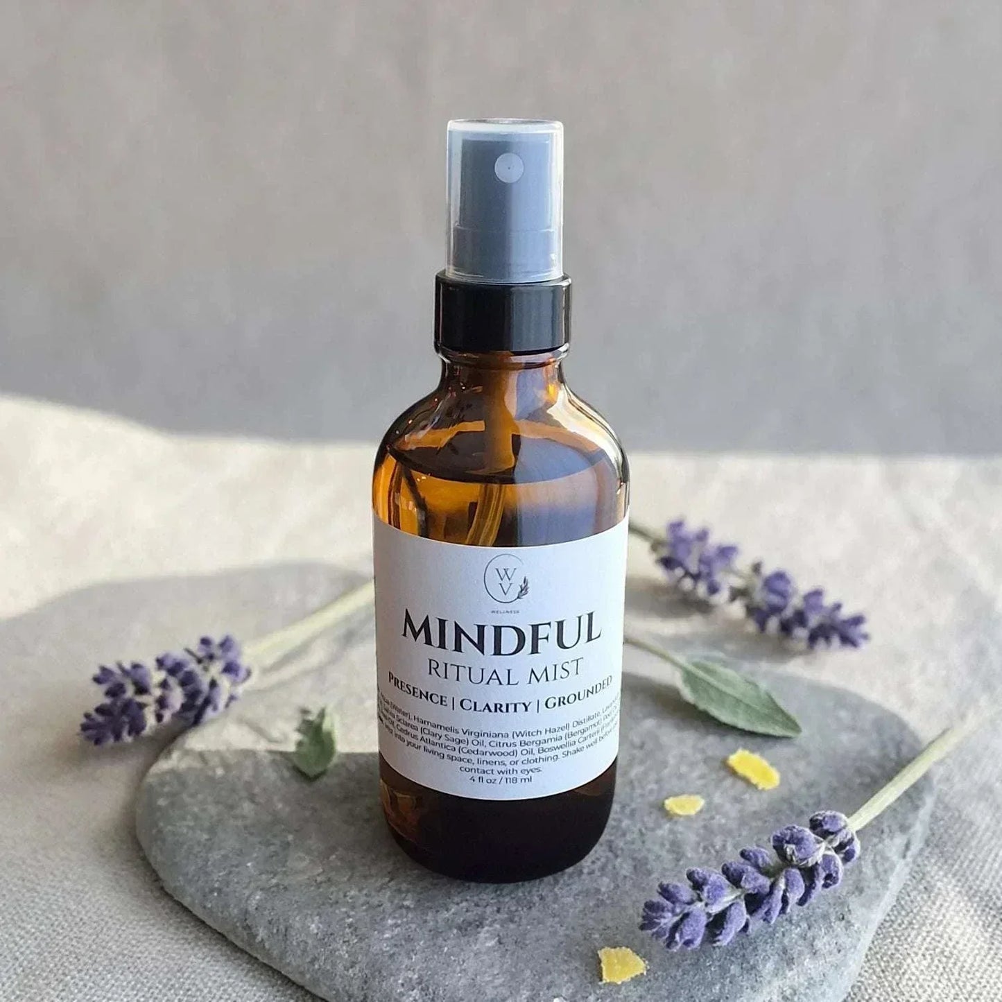 Mindful Ritual Mist crisp herbal-citrus essential oil room spray with lavender, clary sage, bergamot, lemon, cedarwood, and frankincense.
