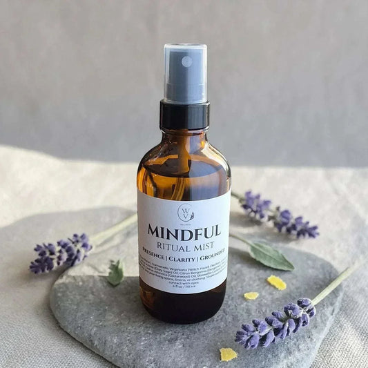 Mindful Ritual Mist crisp herbal-citrus essential oil room spray with lavender, clary sage, bergamot, lemon, cedarwood, and frankincense.