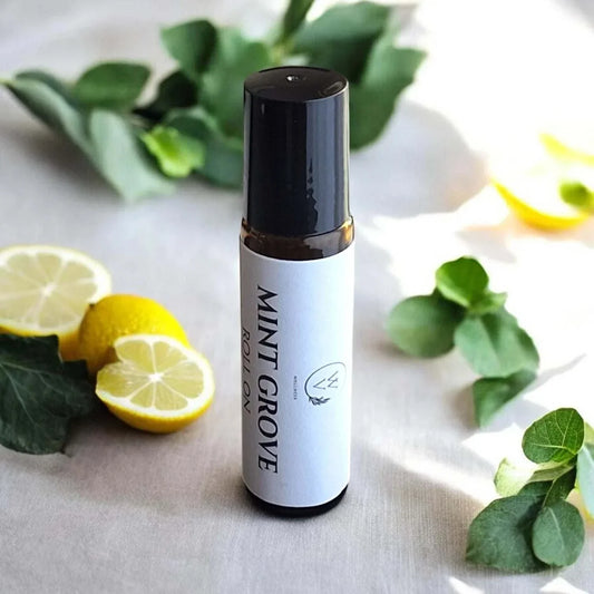 Mint Grove Roll-On essential oil blend with eucalyptus, peppermint, lemon, rosemary, and tea tree.