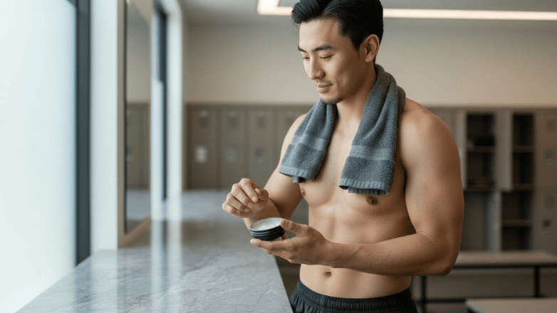 Man holding a natural deodorant in a gym change room after a workout