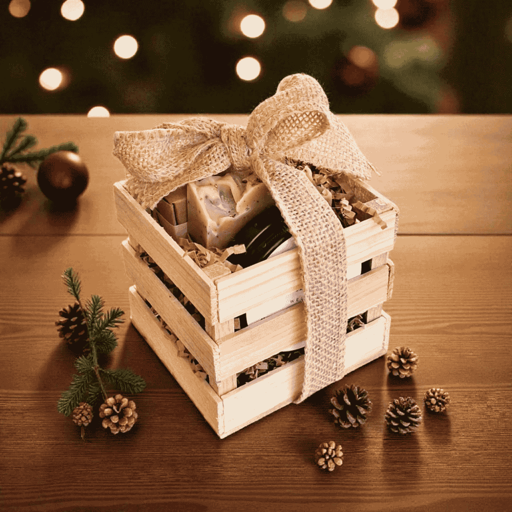 Natural self-care gift set in wooden box with soap, shampoo bar, and deodorant.