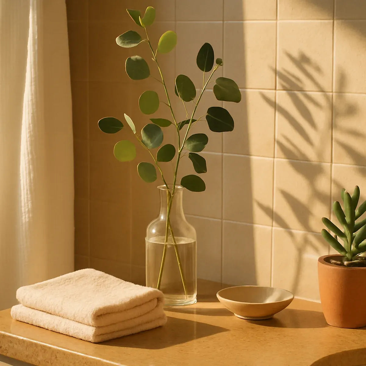 Sunlit bathroom corner with natural textures and warm, fresh morning light