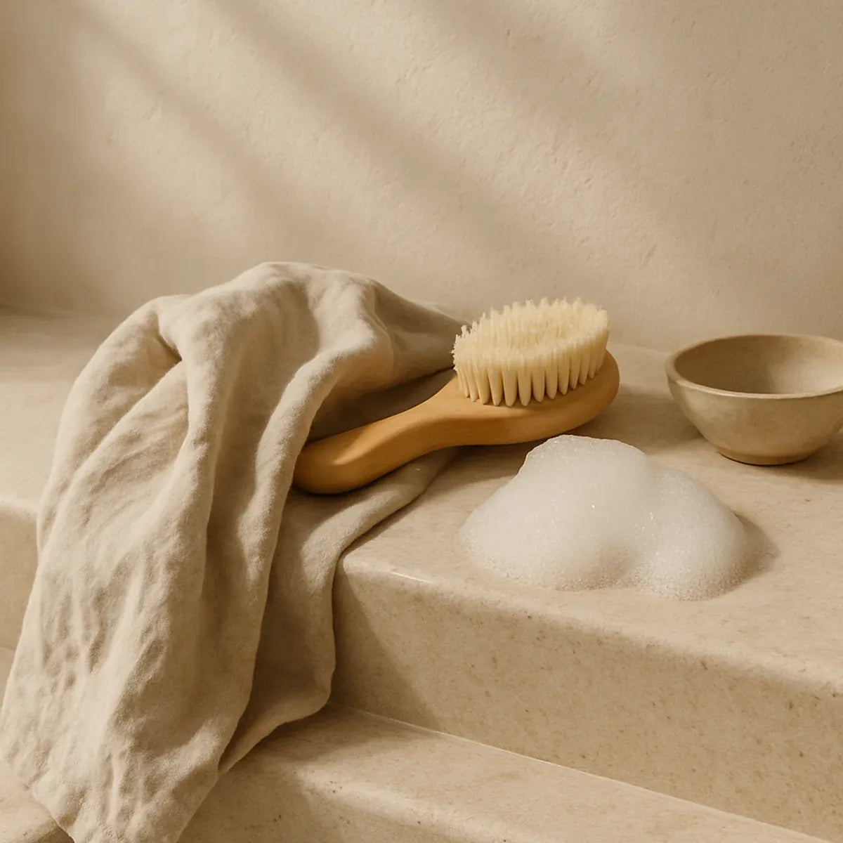 Soft neutral bathroom setting that evokes freshness and cleansing