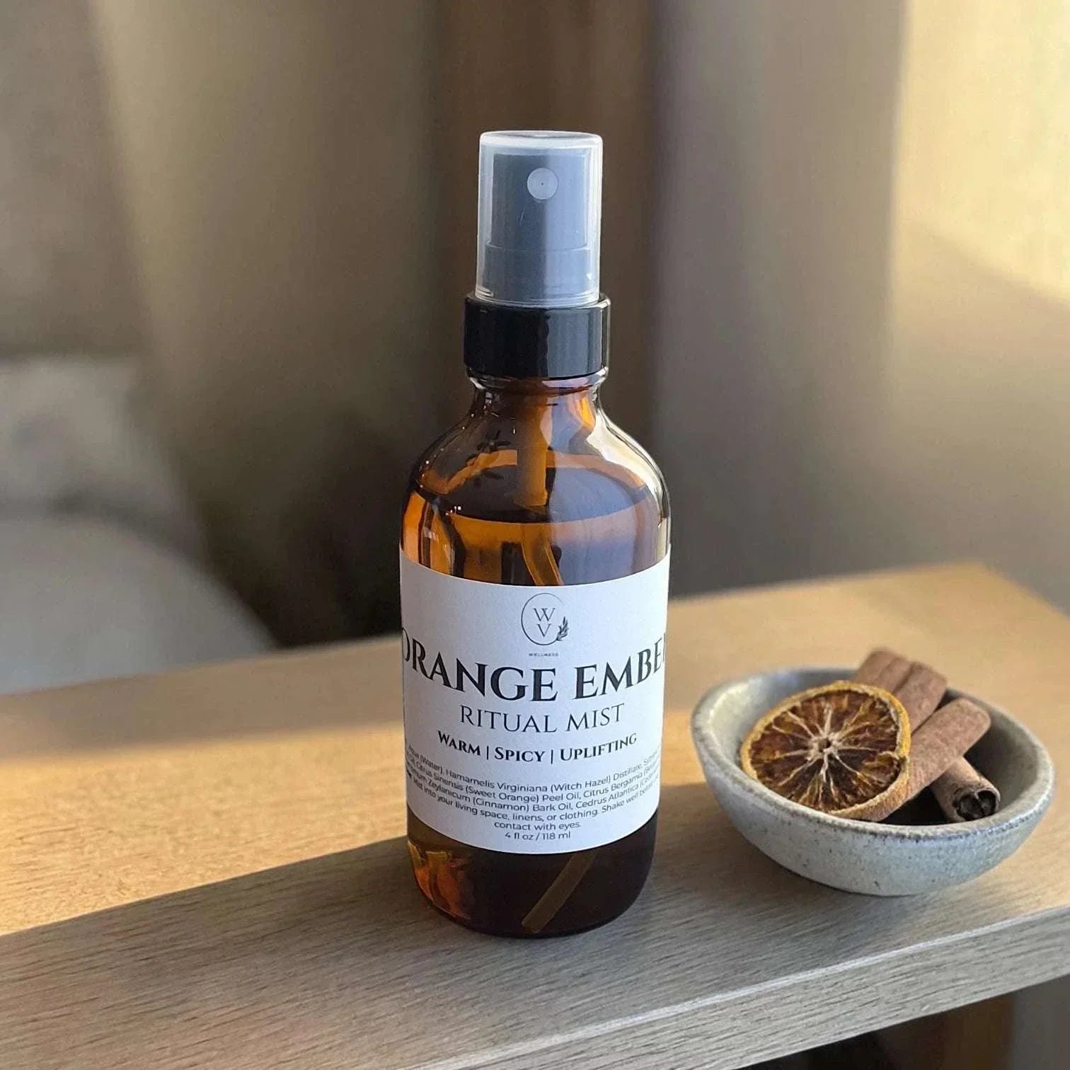 Orange Ember Ritual Mist natural linen spray with warm spicy citrus scent for home, linens, and cozy room rituals.