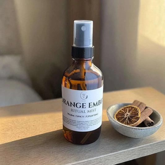 Orange Ember Ritual Mist natural linen spray with warm spicy citrus scent for home, linens, and cozy room rituals.