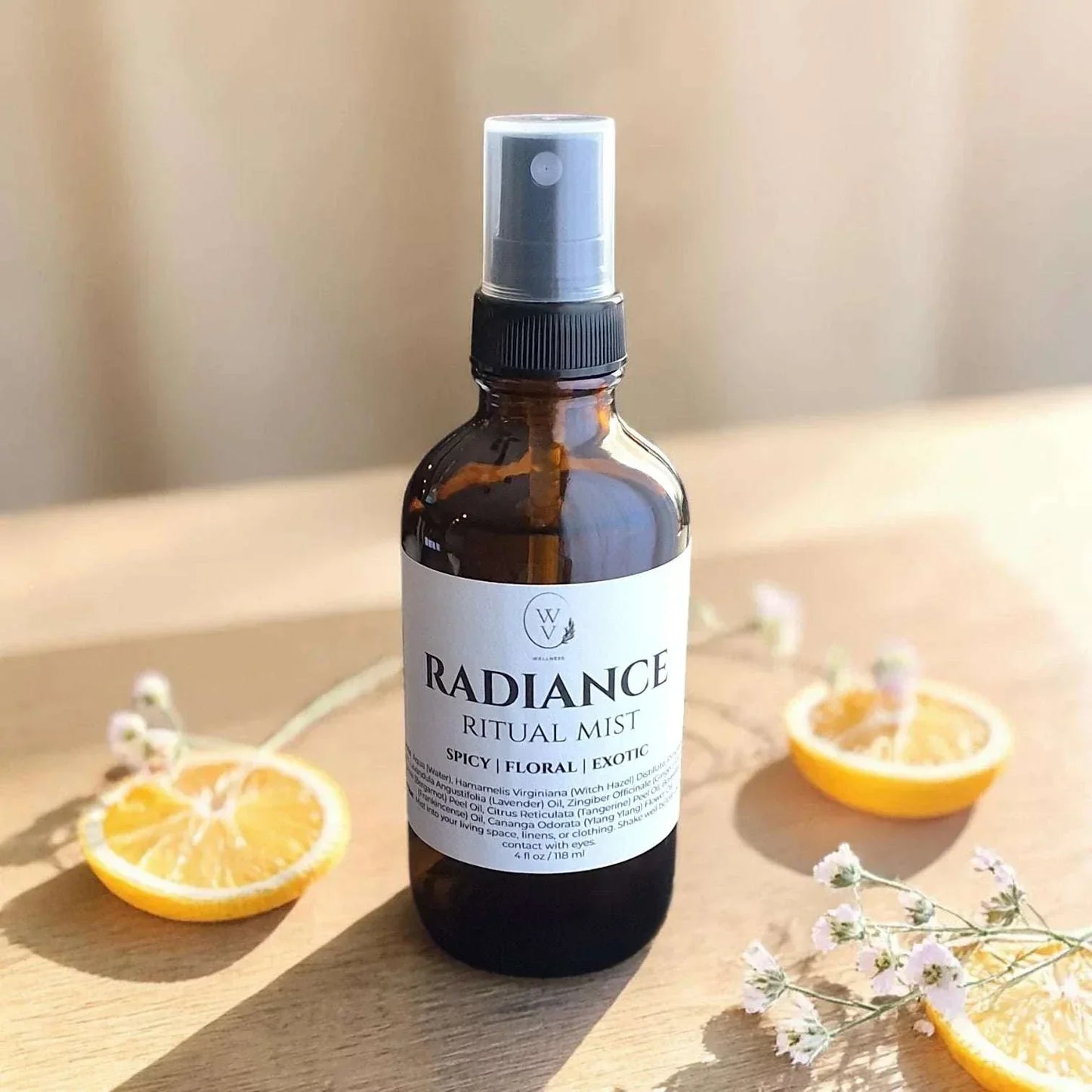 Radiance Ritual Mist warm floral-spice linen spray for home, clothing, and everyday room rituals.