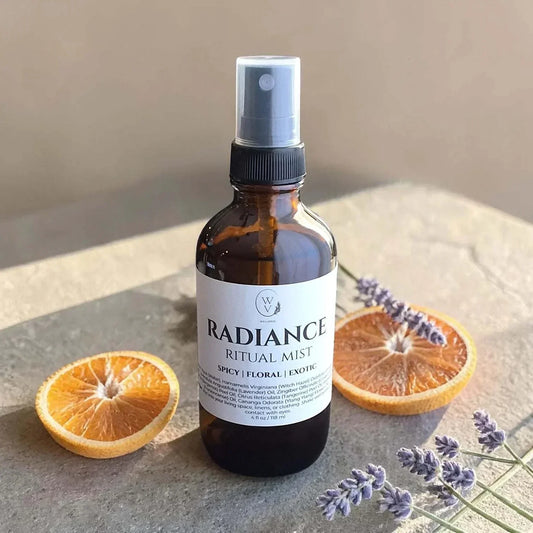 Radiance Ritual Mist warm floral citrus essential oil room spray with anise, lavender, ginger, bergamot, and tangerine.