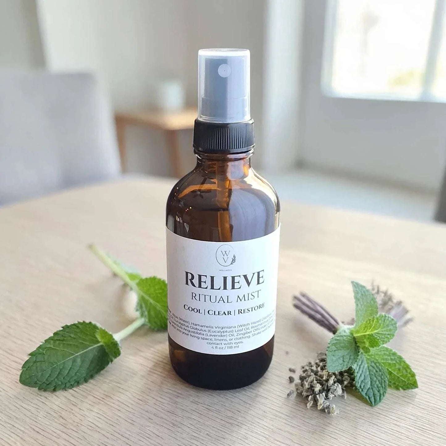Relieve Ritual Mist cooling herbal room spray for home, linens, workspace, and afternoon room rituals.