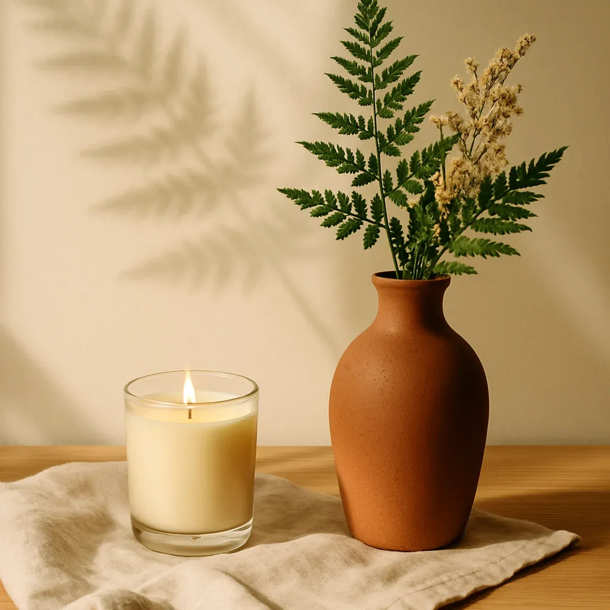 Natural home environment with warm candlelight and a serene, aromatic feel