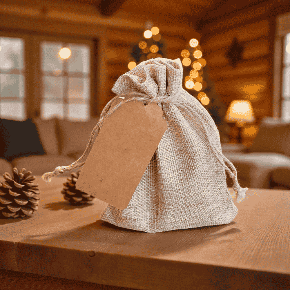 Small Kindness natural self-care gift set with Honey Oat Lavender soap in a burlap drawstring bag.