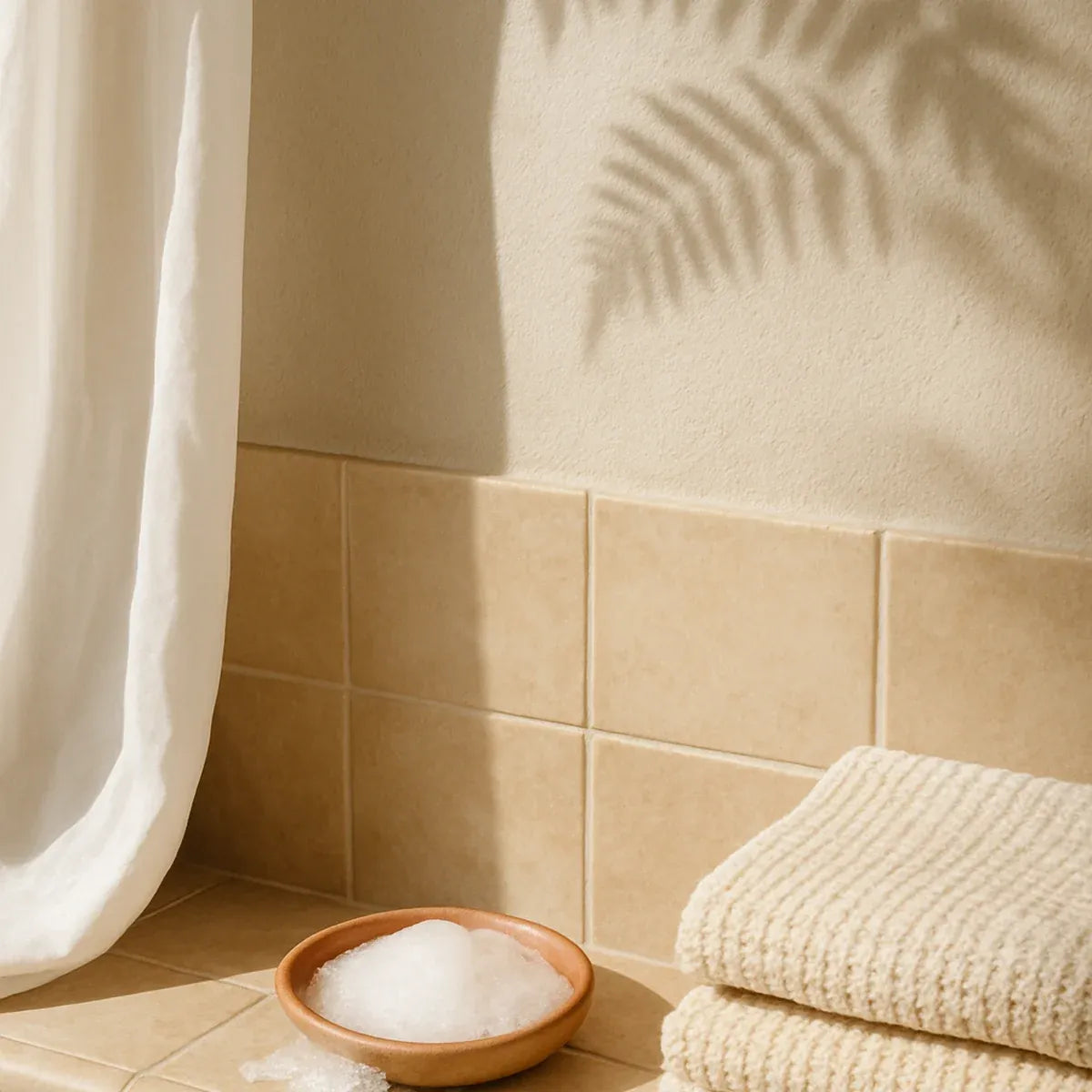 Minimalist bathroom setting suggesting natural, gentle hair cleansing
