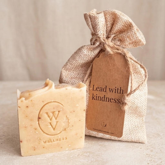 Small Kindness self-care gift set with Honey Oat Lavender soap in a natural gift setting
