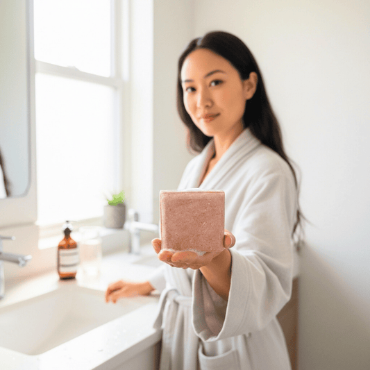Woman holding a natural clarifying botanical shampoo bar designed for oily or sensitive scalp care.