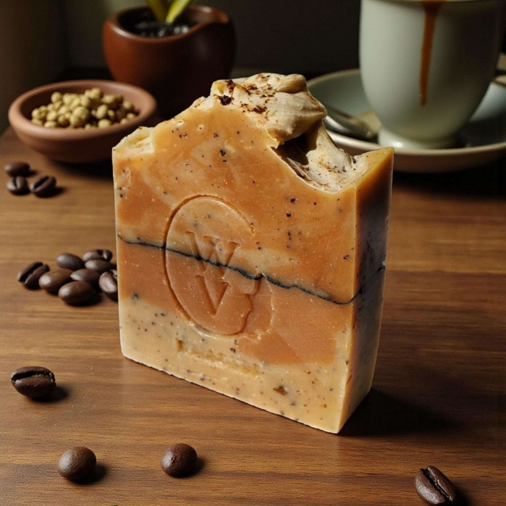 Coffee scrub natural soap bar with exfoliating coffee grounds, rich lather, and handcrafted rustic design.