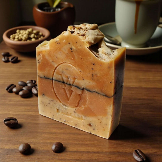 Coffee scrub natural soap bar with exfoliating coffee grounds, rich lather, and handcrafted rustic design.