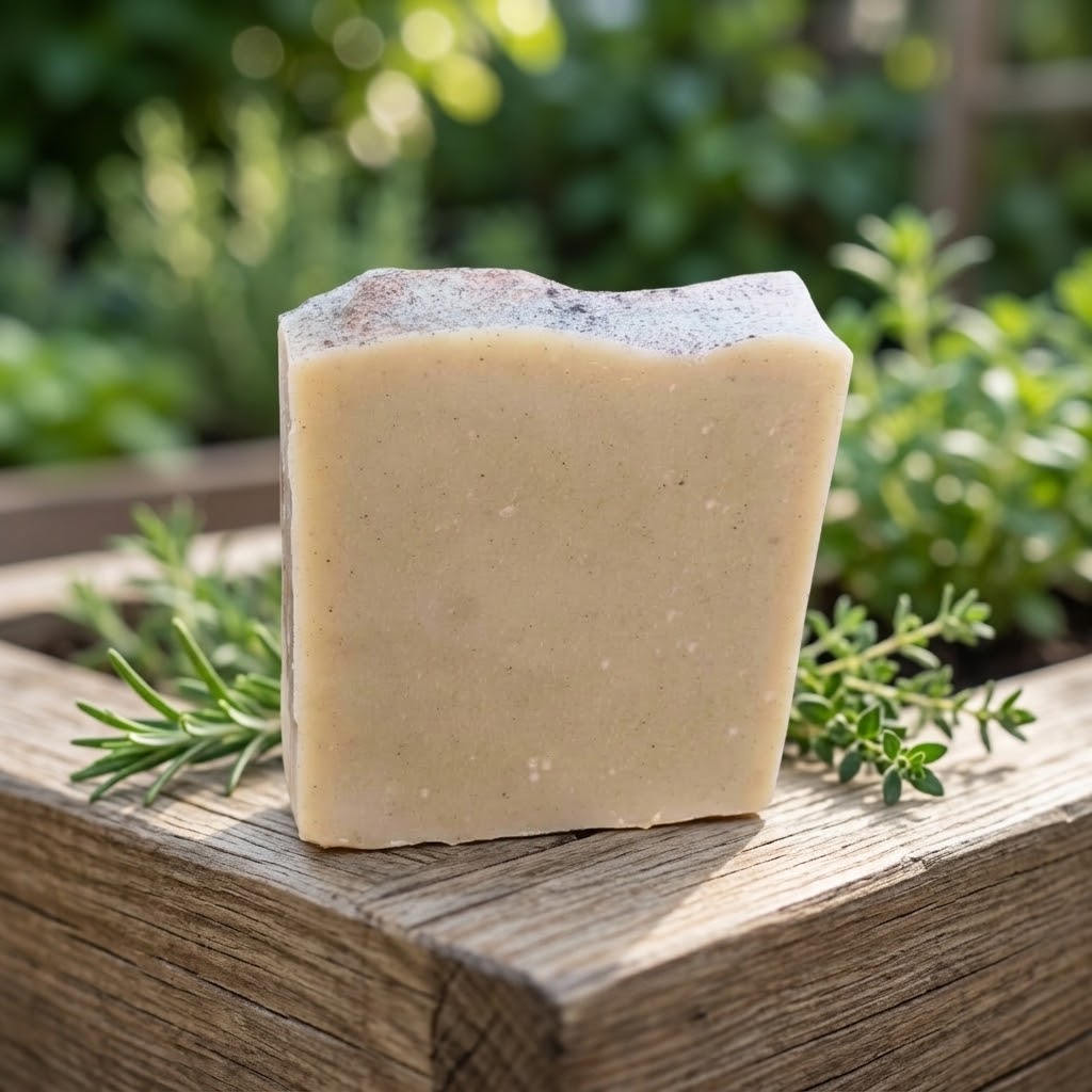 Gardeners exfoliating soap bar with pumice and walnut shell in a garden setting