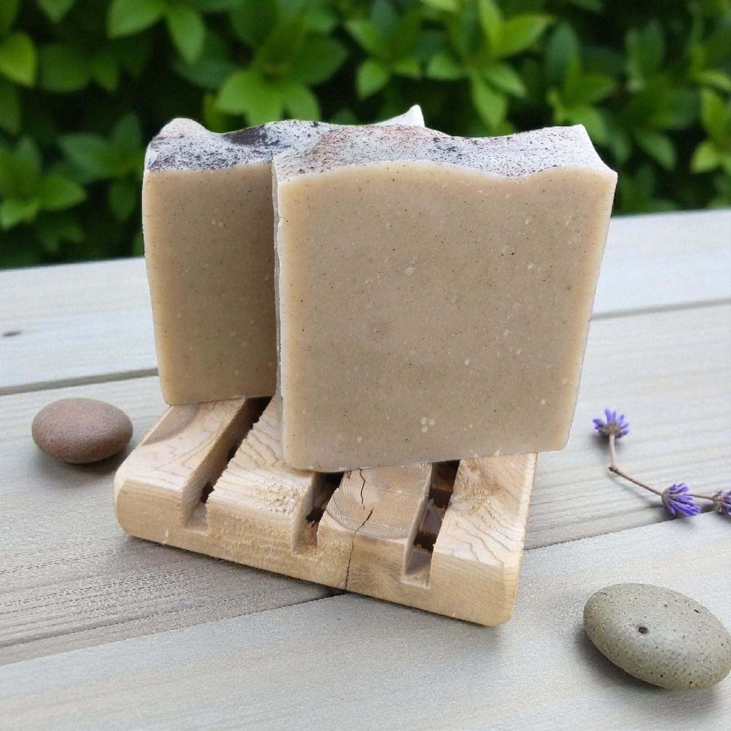 Gardeners Soap bar with pumice, walnut, coconut milk, and rhassoul clay for exfoliation and soothing care after gardening or work.