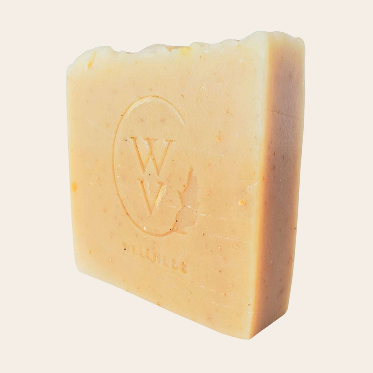 Honey Oat Lavender cold process soap bar shown at an angle
