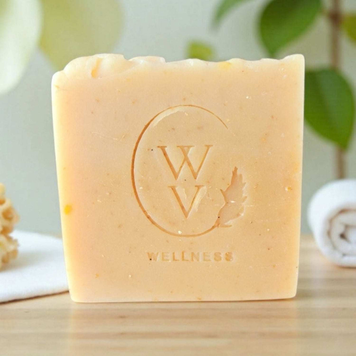Honey Oat Lavender cold process soap in a natural bathroom setting