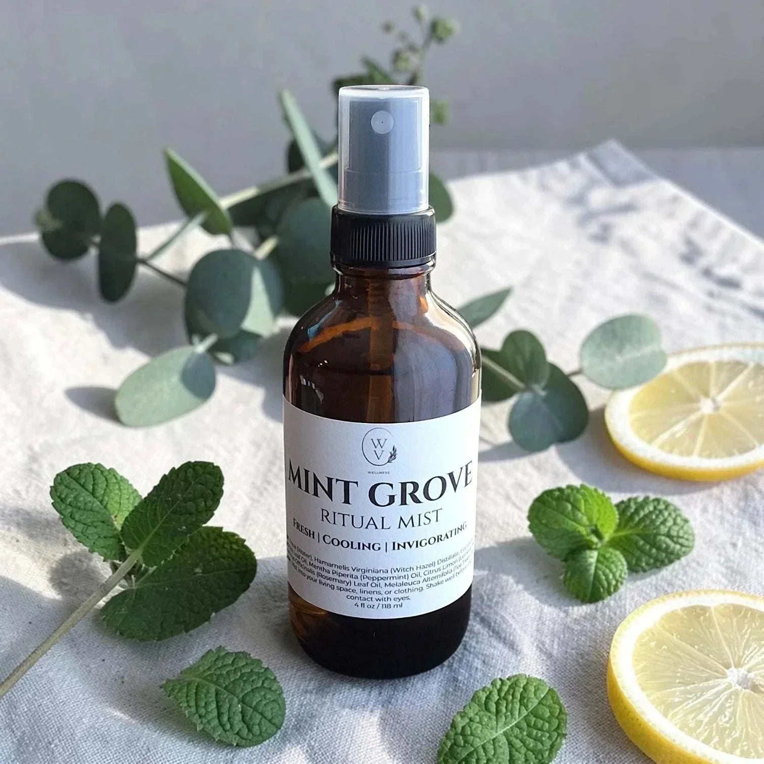 Mint Grove Ritual Mist fresh mint-citrus essential oil room spray with eucalyptus, peppermint, lemon, rosemary, and tea tree.