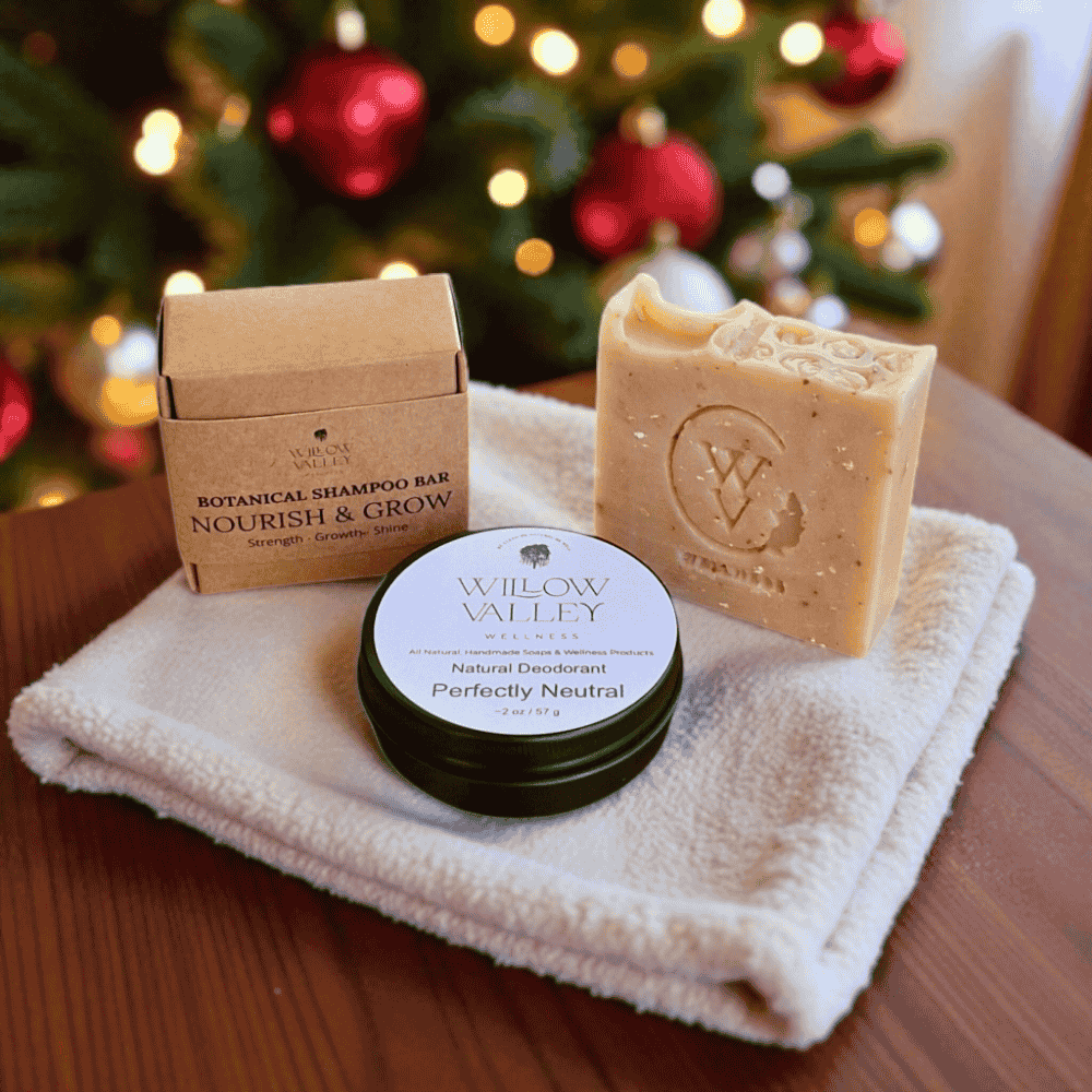 Morning Ritual gift set featuring handcrafted soap, shampoo bar, and deodorant.